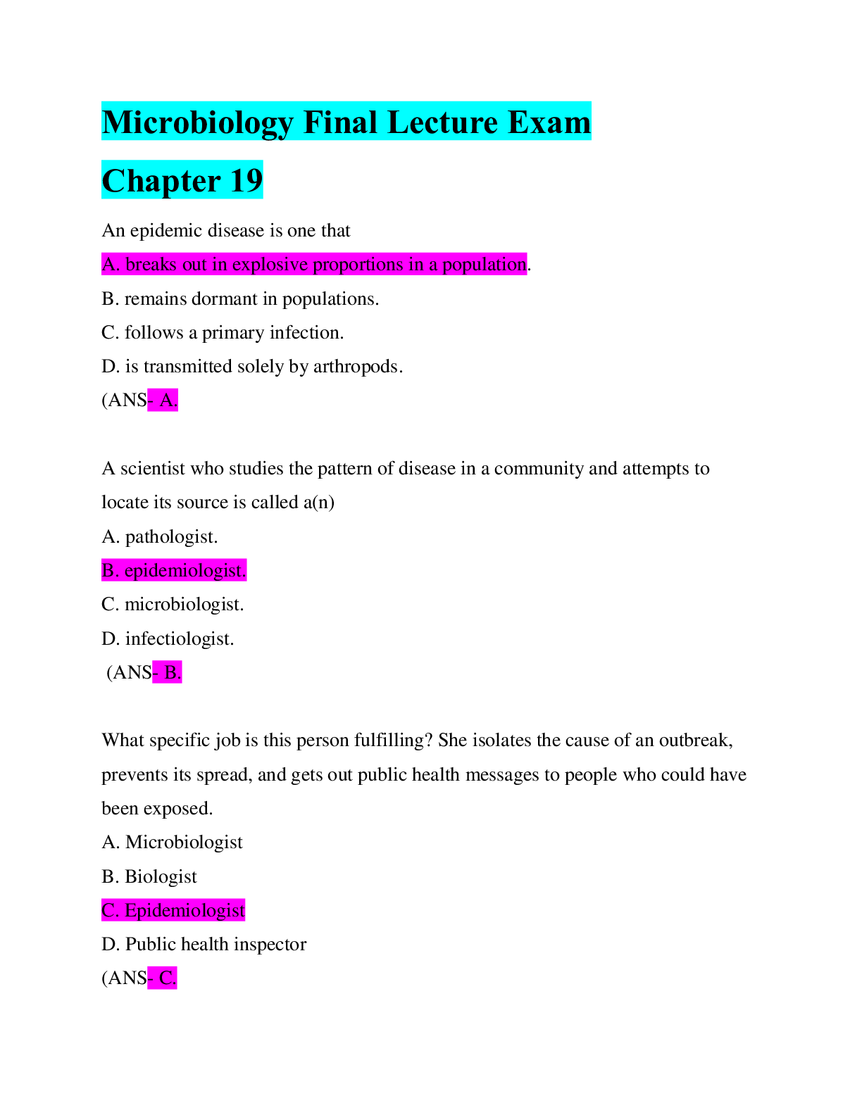 Microbiology Final Lecture Exam (Chapter 19) Updated/ All Answers Correct Browsegrades